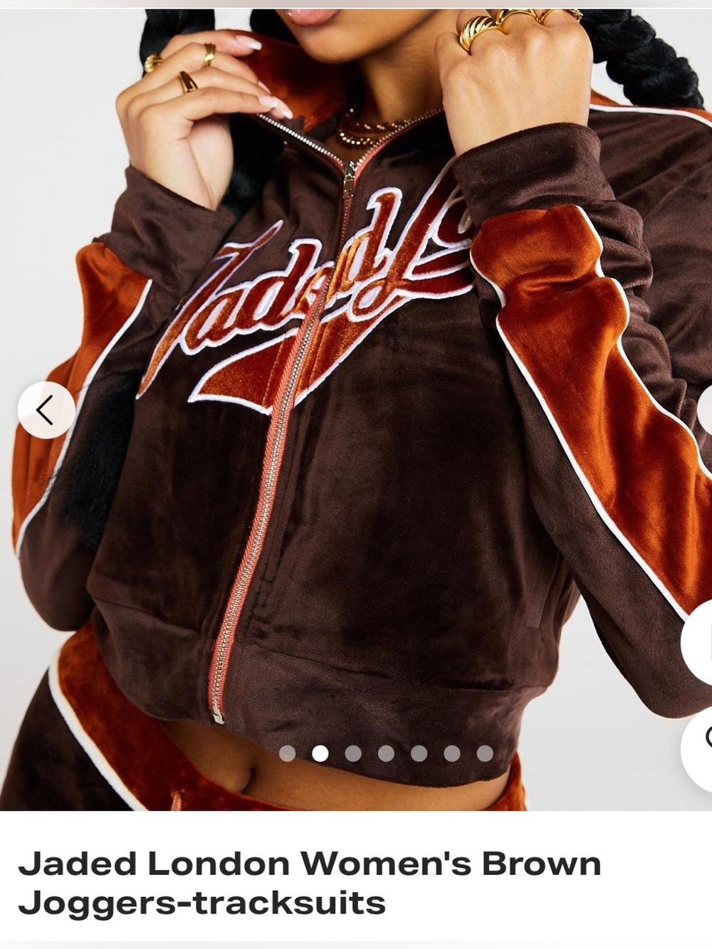 Jaded London Brown Velvet Track Joggers with Rust Trim